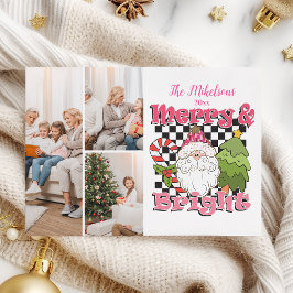 3 Photo Checkered Merry & Bright Christmas Julkort