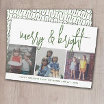 3 Photo Christmas Collage - Merry & Bright - green Julkort<br><div class="desc">FRONT DESIGN: 3 square photos and a large script font are highlights of this trendy design. A modern look for a holiday photo card with a large "merry and bright" in a funky, handwritten script font in green and white. The background is white. An area for a greeting and family...</div>