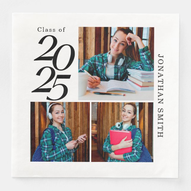 3 Photo Collage 2025 Anpassningsbar Studentfest Pappersservett (Framsida)