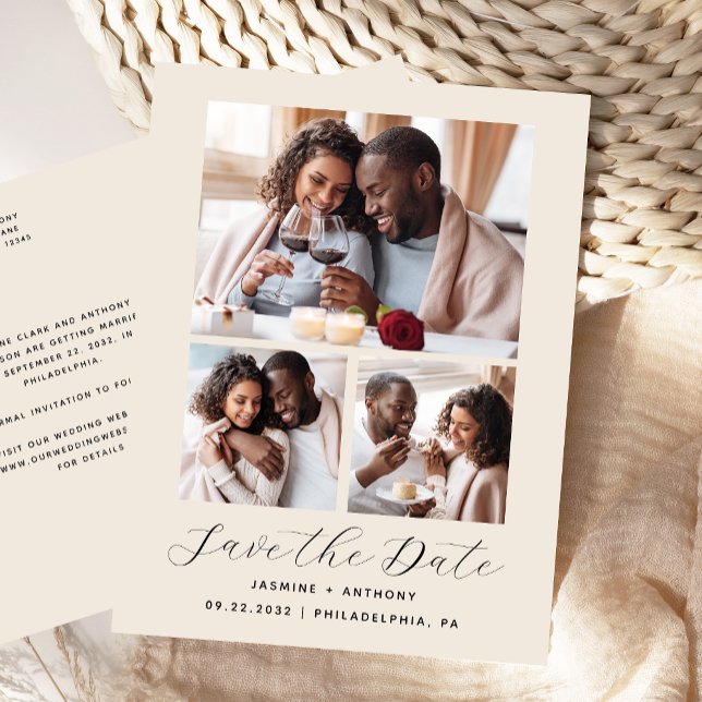 3-Photo Collage Beige Spara datum Vykort (Skapare uppladdad)