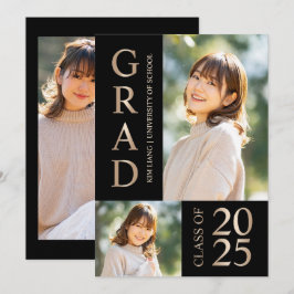 3 Photo Collage Black & Beige Studentfest Inbjudningar