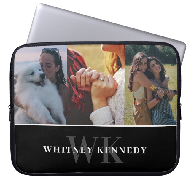 3 Photo Collage Black Minimalist Monogram Laptop Fodral (Framsidan)