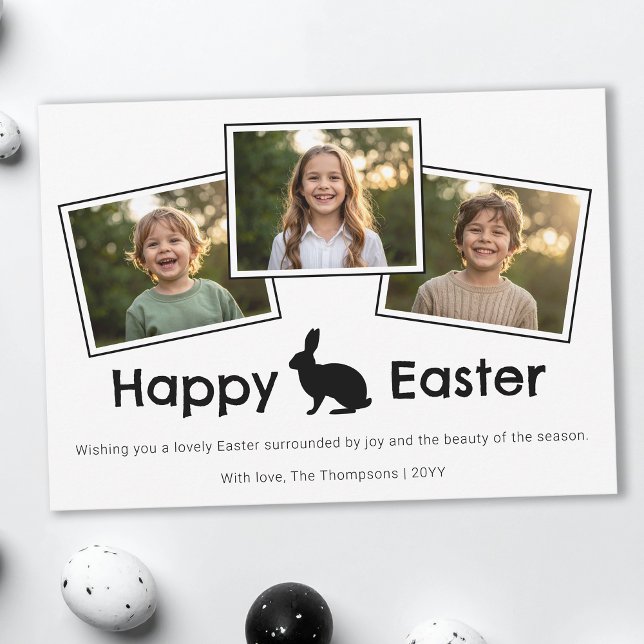 3 Photo Collage Bold Black Happy Easter With Bunny Kort (Skapare uppladdad)
