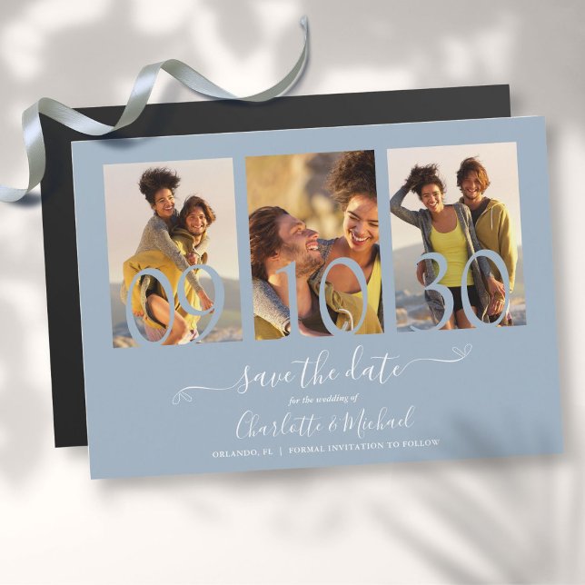 3 Photo Collage Bröllop spara datum Dusty Blue Magnetisk Inbjudningskort (3 Photo Collage Wedding Save The Date Dusty Blue Magnetic Invitation)