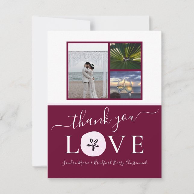 3 Photo Collage Burgundy Rosa Sand-dollar Bröllop Tack Kort (Framsida)