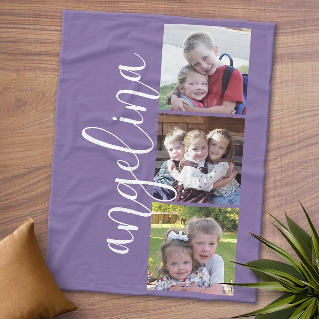 3 Photo Collage CAN EDIT-bakgrund FÄRG Fleecefilt (Personalized Fleece Blanket - Add Photos and Text or Customize completely in advanced design area)