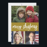 3 Photo Collage God jul - svart guld Julkort<br><div class="desc">En fin och skarp Julhälsningar med ett rostiskt skript hälsning. Ett modernt sinne i mitten av århundradet med ett guld-konfetti mönster på baksidan. Denna icke-traditionella design är en ny metod som kommer att få dina familjefotografier att framträda.</div>