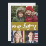 3 Photo Collage God jul - svart guld Julkort<br><div class="desc">En fin och skarp Julhälsningar med ett rostiskt skript hälsning. Ett modernt sinne i mitten av århundradet med ett guld-konfetti mönster på baksidan. Denna icke-traditionella design är en ny metod som kommer att få dina familjefotografier att framträda.</div>