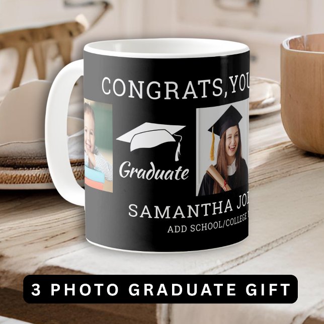3 Photo Collage Grattiss Grad 2025 Black Kaffemugg (3 Photo Collage Congratulations Grad 2025 Black Coffee Mug)