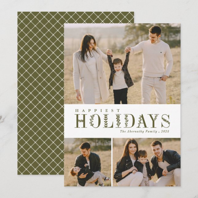 3 Photo Collage Greenery Brev Happiest Olive Julkort (Fram/baksida)