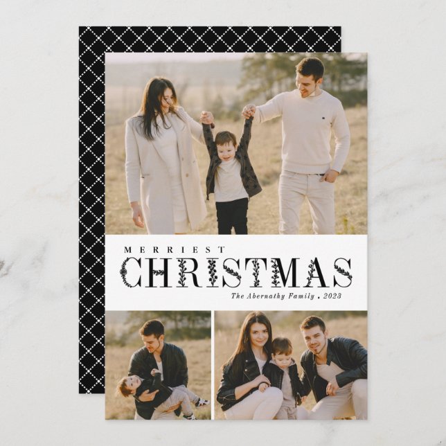 3 Photo Collage Greenery Brev jul Black Julkort (Fram/baksida)