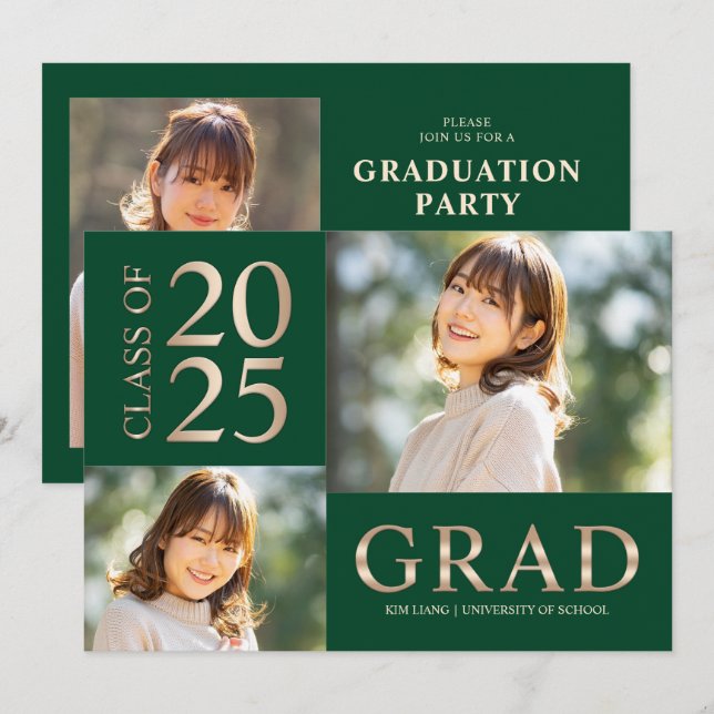 3 Photo Collage Grönt & Beige Studentfest Inbjudningar (Fram/baksida)