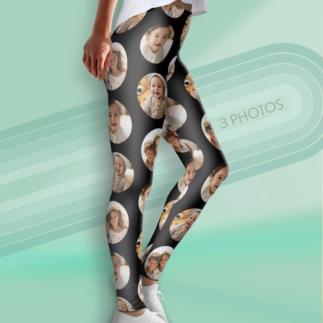 3 Photo Collage halv Brick Mönster - svart cirkel Leggings (Custom Leggings with Photo Collage)