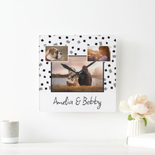 3 Photo Collage Modern Black White-jul Fyrkantig Klocka