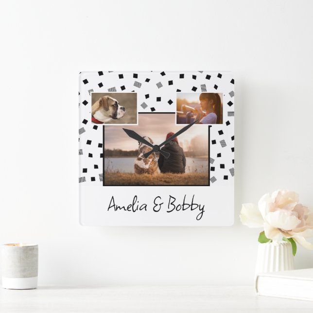 3 Photo Collage Modern Black White-jul Fyrkantig Klocka (Hem)