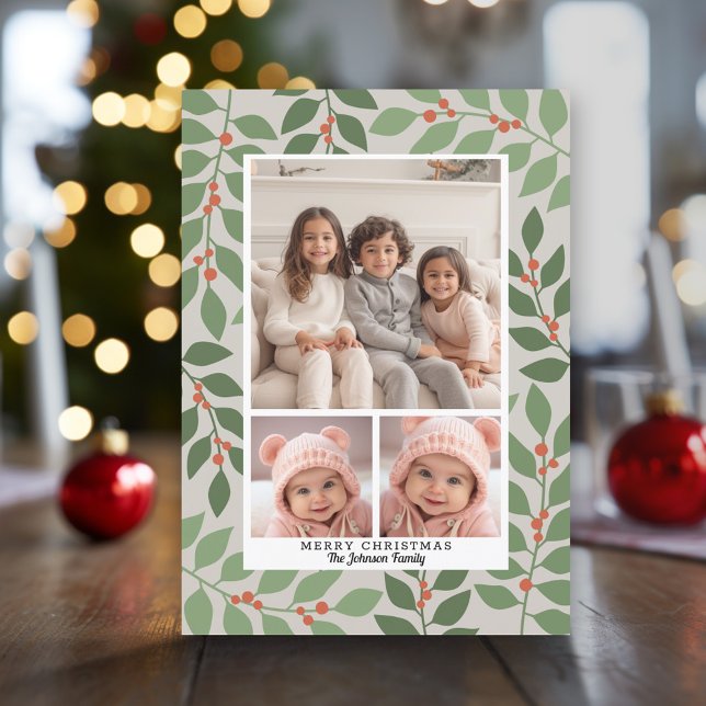 3 Photo Collage Modern Botanical Season Hälsning Julkort (Modern Christmas Photo Greeting Card)