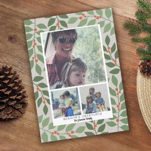 3 Photo Collage Modern Botanical Season's Greeting Julkort