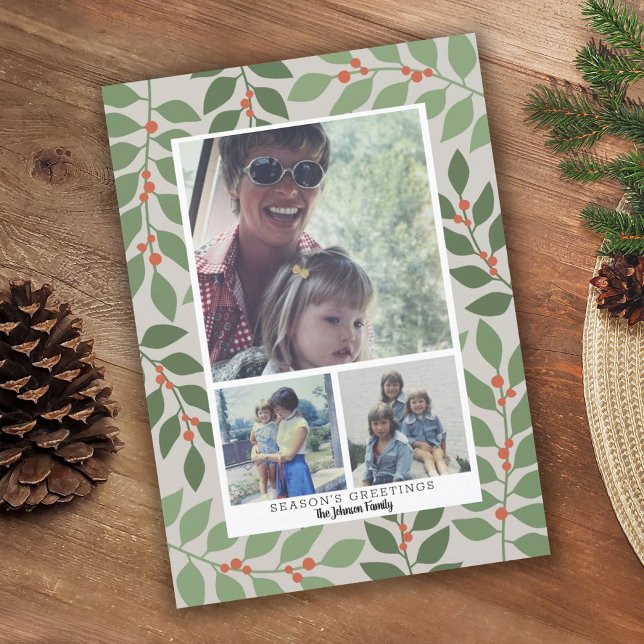 3 Photo Collage Modern Botanical Season's Greeting Julkort (Skapare uppladdad)