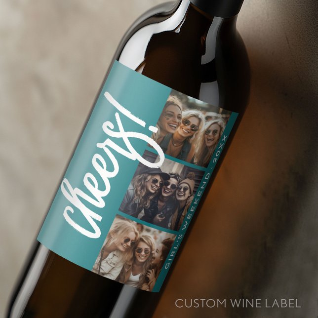 3 Photo Collage - Modern Cheers Girl's Helg Vinflaska Etikett (Custom Wine Bottle Label - Personalize a Sticker for a fun gift or memento)
