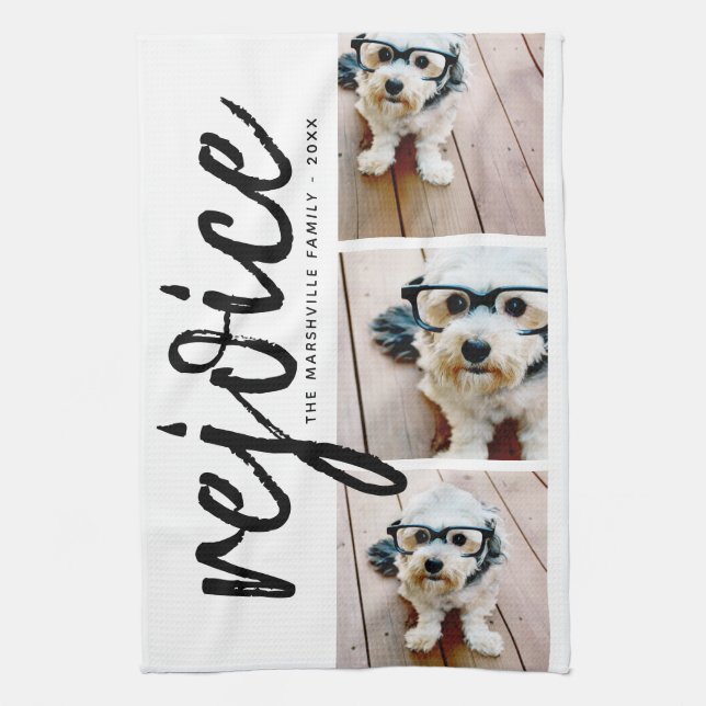 3 Photo Collage - Modern God jul Rejoice Kökshandduk (Vertikal)