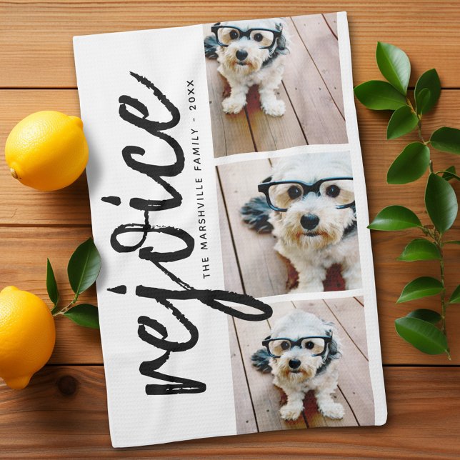 3 Photo Collage - Modern God jul Rejoice Kökshandduk (Personalized Kitchen Towel with photos and text - Makes a great gift)
