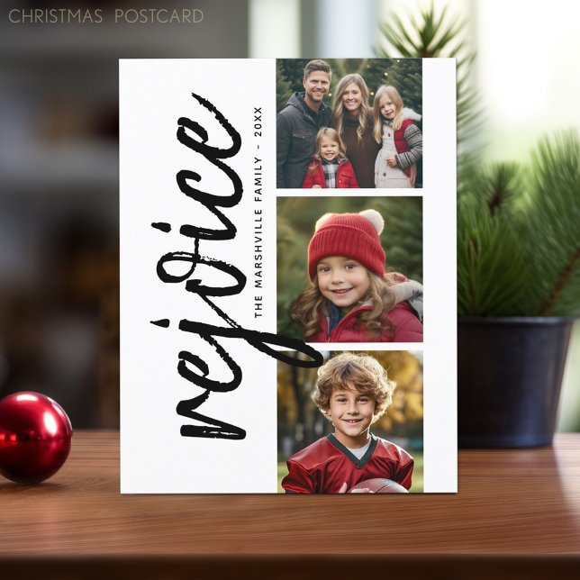 3 Photo Collage - Modern God jul Rejoice Vykort (Online Christmas Card Template. Modern design with place to add photos and text.)