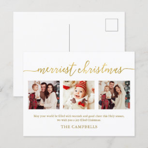 3 Photo Collage Modern Script "Merriest jul" Helg Vykort