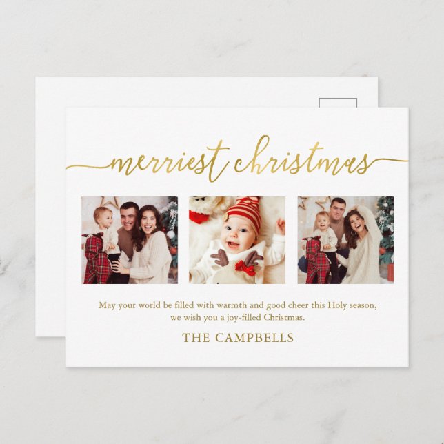 3 Photo Collage Modern Script "Merriest jul" Helg Vykort (Fram/baksida)