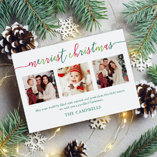 3 Photo Collage Modern Script "Merriest jul" Julkort