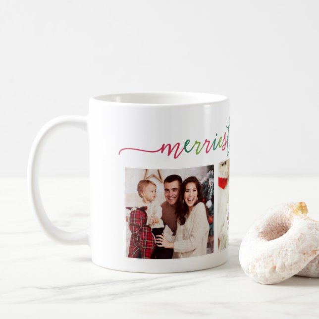 3 Photo Collage Modern Script "Merriest jul" Kaffemugg (Med munk)