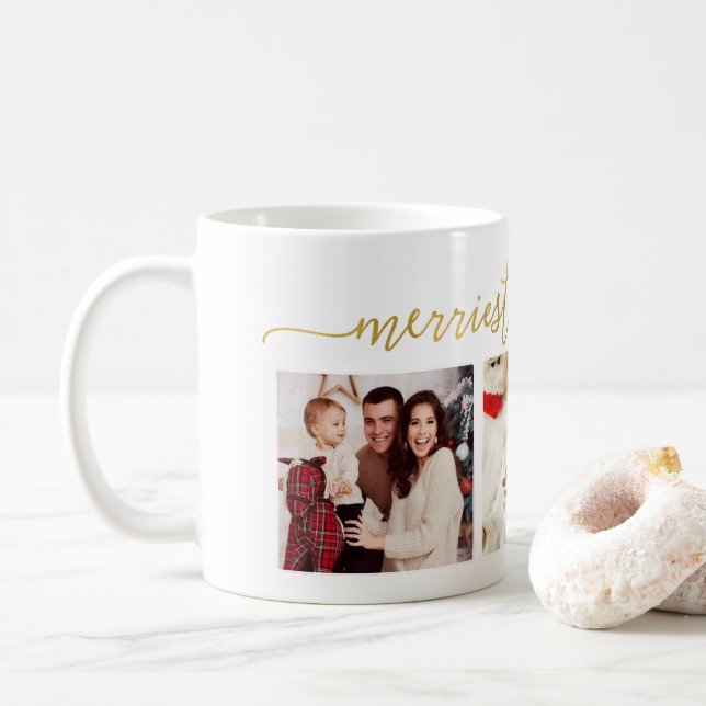 3 Photo Collage Modern Script "Merriest jul" Kaffemugg (Med munk)