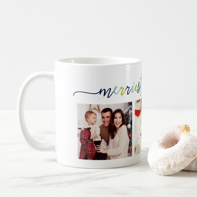 3 Photo Collage Modern Script "Merriest jul" Kaffemugg (Med munk)