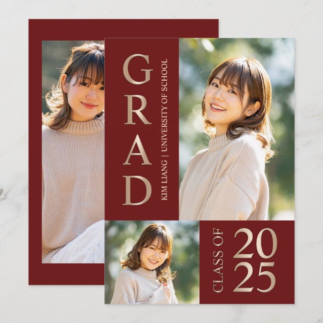 3 Photo Collage Red & Beige Studentfest Inbjudningar (Fram/baksida)