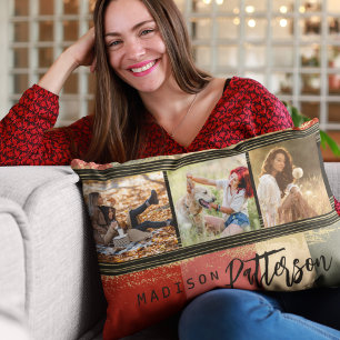 3 Photo Collage Rustic Abstrakt Personlig Namn Prydnadskudde