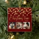 3 Photo Collage Rustic String Ljus Julgransprydnad Keramik<br><div class="desc">"Jultid" i vackert faux guld-skript på röd bakgrund. Ersätt foton med 3 av dina favoritfoton.  Guld faux-strängen ljus/lyktor som hänger nedåt.  Byt år och vilket vackert prydnadsämne. Elegant.  Så enkel,  men ändå chic.</div>