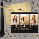 3 Photo Collage Script Black och Guld Studenten Meddelande Vykort<br><div class="desc">glädjen i en högskoleexamen eller högskoleexamen med anpassningsbar 3-fotokollage svarta och guld-vykortsmeddelanden. Alla bilder och formuleringar är enkla att anpassa. (IMAGE PLACEMENT TIP: Ett enkelt sätt att centrera ett foto exakt som du vill är att flytta det till skörd innan du laddar upp det till Zazzle-webbplatsen.) Den här mallen är...</div>