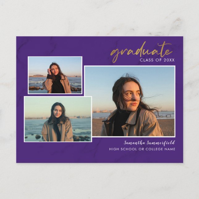 3 Photo Collage Script Grad 2022 Lila Studenten Meddelande Vykort (Framsida)