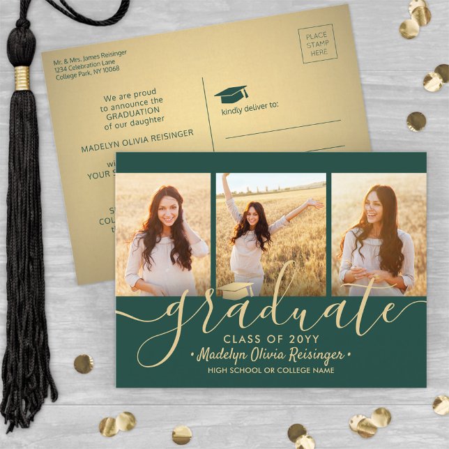 3 Photo Collage Script Grönt och Guld Studenten Meddelande Vykort (Skapare uppladdad)