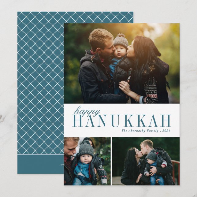 3 Photo Collage Simple Modern Teal Hanukah Photo Julkort (Fram/baksida)