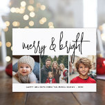 3 Photo Collage Skript svart, vit merry Bright Julkort<br><div class="desc">En fin och skarp Julhälsningar med ett ritstift för kalligrafi av skript. En modern känsla i mitten av århundradet med ett geometriskt mönster på baksidan. Denna icke-traditionella design är en ny metod som kommer att få dina familjefotografier att framträda.</div>