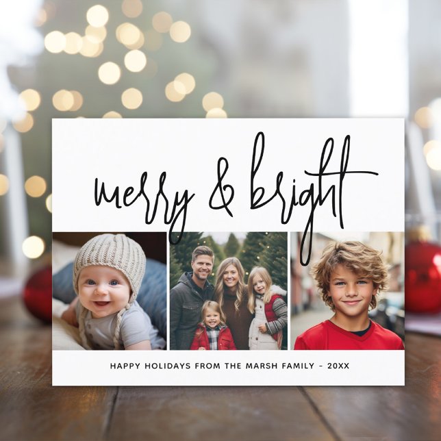 3 Photo Collage Skript svart, vit merry Bright Julkort (3 Photo modern calligraphy design)