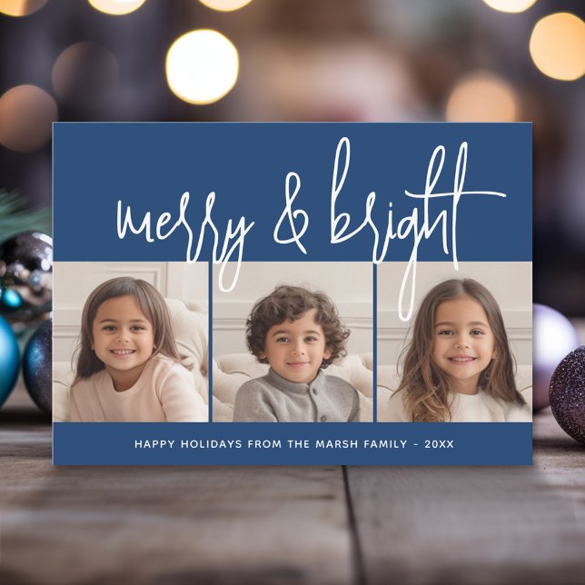 3 Photo Collage Skriptblått, vitt merry Bright Julkort (Modern Christmas Photo Greeting Card)