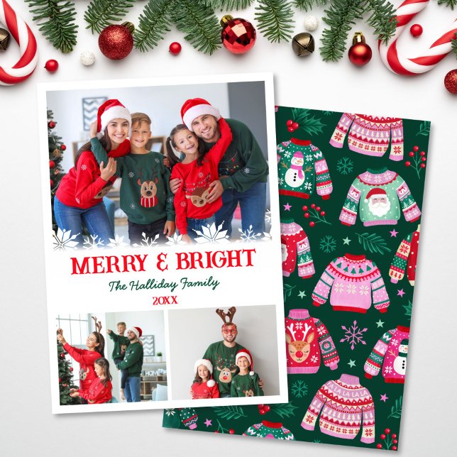 3 Photo Collage Ugly Sweater jul Julkort (3 Photo Collage Ugly Sweater Christmas Holiday Card)