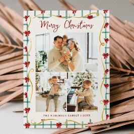 3 Photo Cute Red Grönt Bow Mönster God jul Julkort