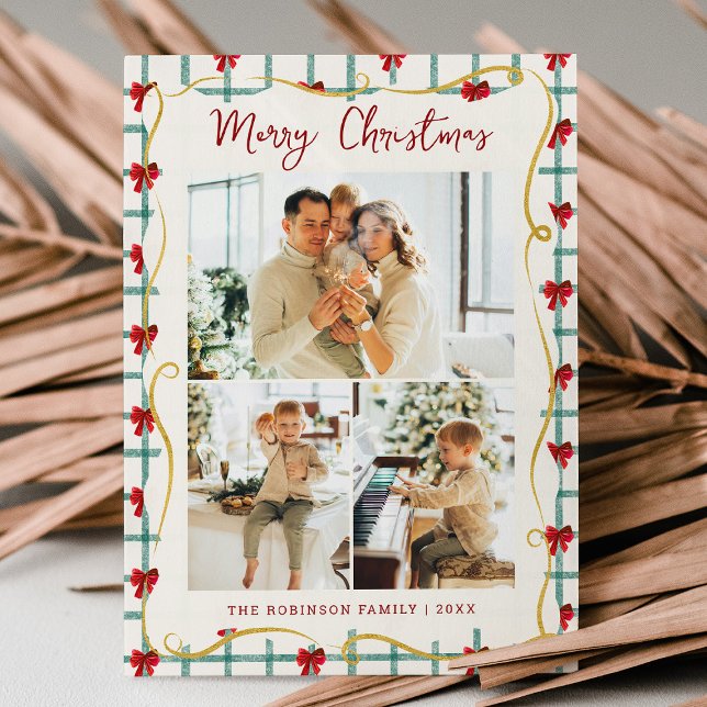 3 Photo Cute Red Grönt Bow Mönster God jul Julkort (Skapare uppladdad)