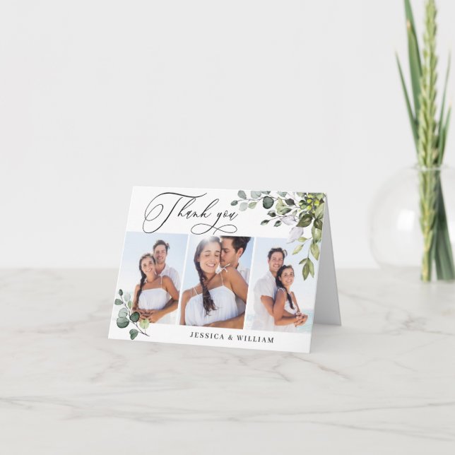 3 PHOTO Elegant Eucalyptus Greenery Bröllop Tack Kort (Framsida)