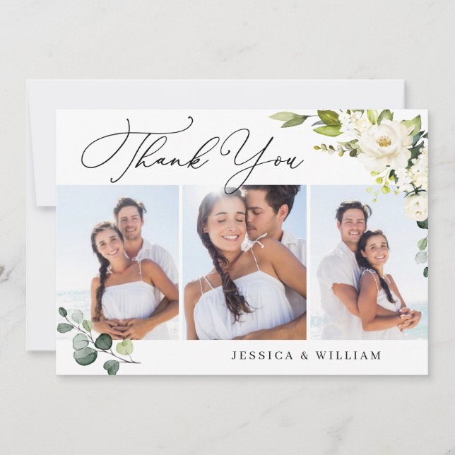 3 PHOTO Elegant Eucalyptus Vit ros Blommigt Tack Kort (Framsida)