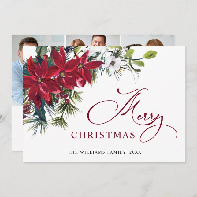 3 PHOTO Elegant Poinsettia jul Hälsning Julkort (Fram/baksida)