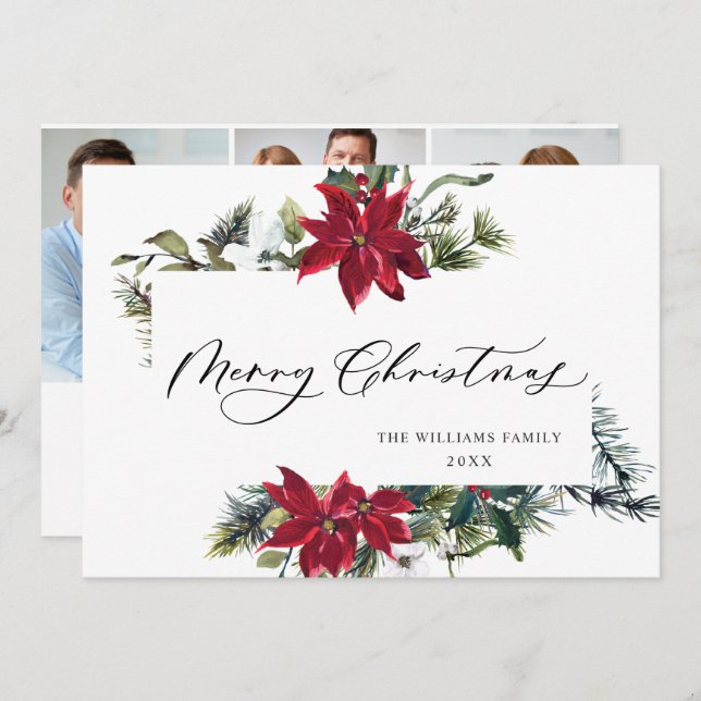 3 PHOTO Elegant Poinsettia jul Hälsning Julkort (Fram/baksida)