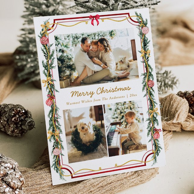 3 Photo Festive jul Botanical Foliage & Bows Julkort (Skapare uppladdad)